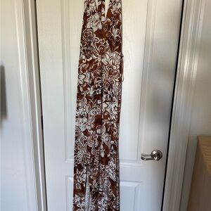 Brown and White Floral Halter Dress with Slit